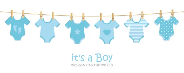 É um menino bem-vindo cartão de saudação para o parto com bodysuits bebê pendurado — Vetor de Stock