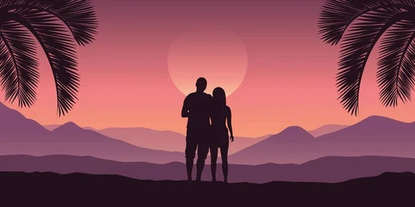 紫色の熱帯赤い山の風景でロマンチックなカップル — ストックベクタ