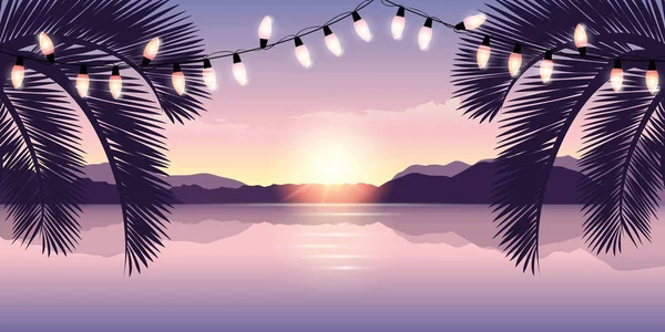 妖精の光と楽園のビーチでロマンチックな夕日 — ストックベクタ