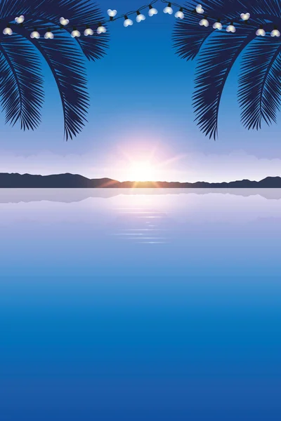 Verano vacaciones diseño mar al atardecer con luz de hadas y palmeras — Vector de stock