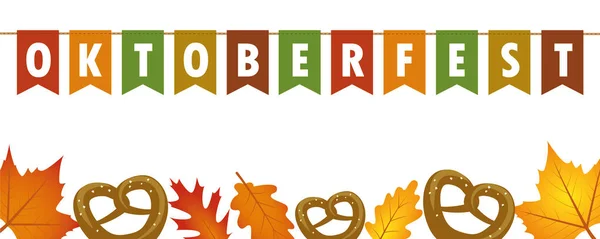 Bandeira de bandeiras de festa oktoberfest com folhas de outono e pretzel — Vetor de Stock