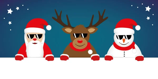 Niedliche Rentier Weihnachtsmann und Schneemann Cartoon mit Sonnenbrille für Weihnachten — Stockvektor