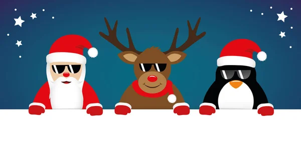 Niedliche Rentier-Weihnachtsmann und Pinguin-Cartoon mit Sonnenbrille für Weihnachten — Stockvektor