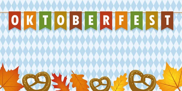 Bandeiras festa oktoberfest na baviera bandeira textura fundo com folhas de outono e pretzel — Vetor de Stock
