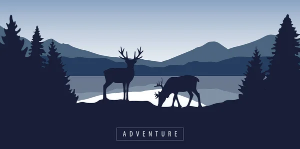 Dos alces en la vida silvestre en hermoso lago en las montañas azules — Vector de stock