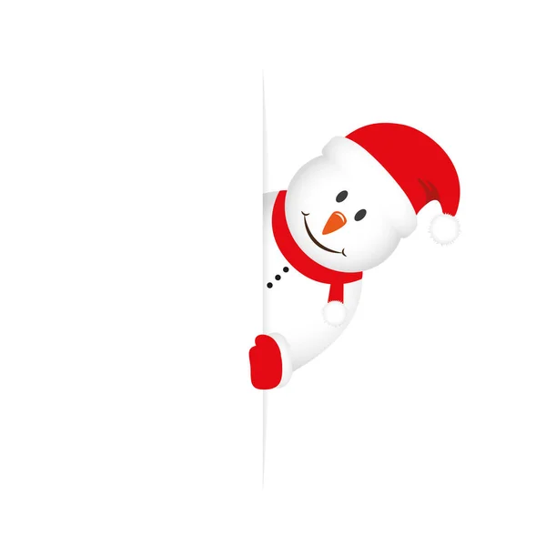 Cute snowman looks around the corner funny christmas design — Stock Vector