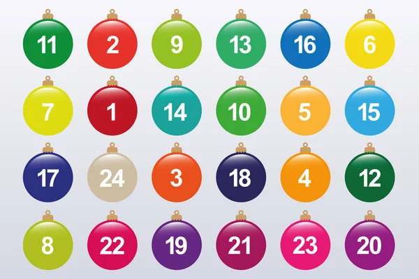 白い背景にカラフルなクリスマスボールアドベントカレンダー — ストックベクタ