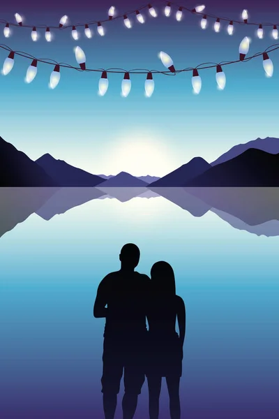 Ζευγάρι στην αγάπη στη θάλασσα και όμορφο ηλιοβασίλεμα με νεράιδα φως — Διανυσματικό Αρχείο