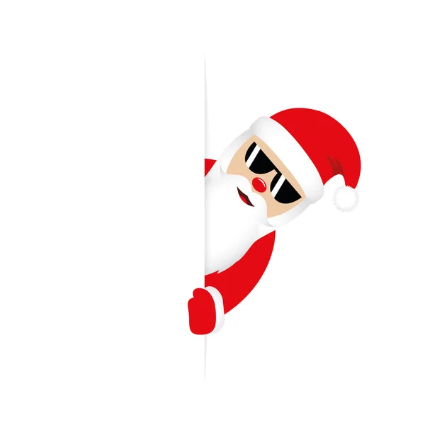 Cute santa claus with sunglasses looks around the corner — Stock Vector