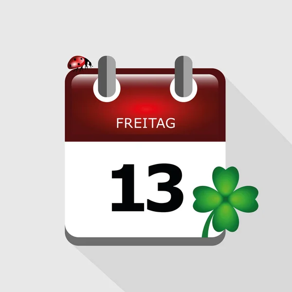 Vrijdag de 13e in kalender met lieveheersbeestje en klaverblad — Stockvector