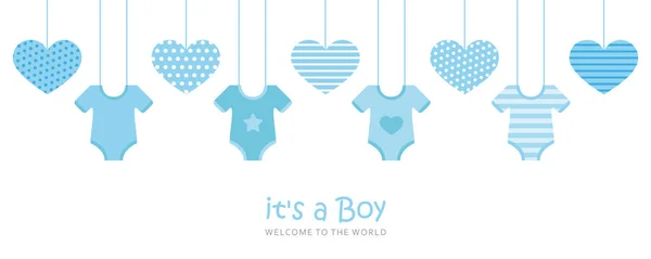 Es ist ein Junge Willkommenskarte für die Geburt mit hängenden Herzen — Stockvektor