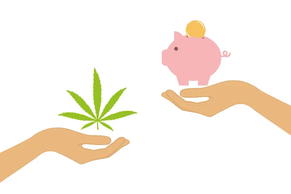 Cannabis e conceito de mudança de dinheiro com as mãos humanas — Vetor de Stock