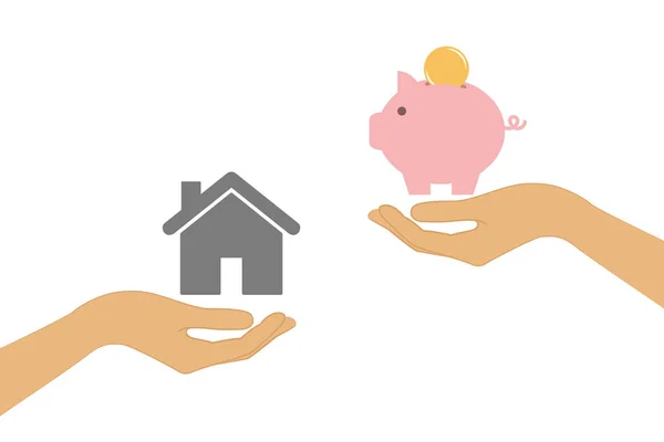 Buy ház ingatlan ár malacka bank változás koncepció az emberi kéz — Stock Vector