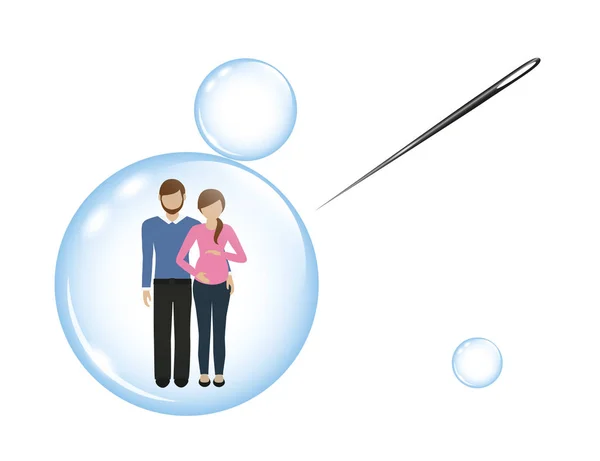 Man och gravid kvinna i en tvål bubbla och en nål — Stock vektor