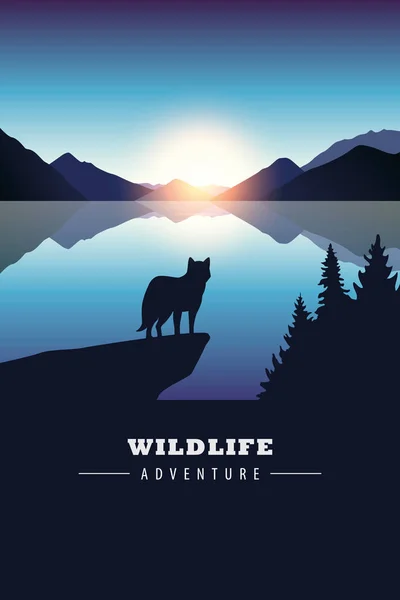 Wildlife Adventure Wolf i vildmarken vid sjön vid solnedgången — Stock vektor