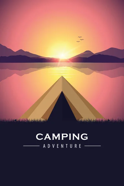 Barraca de aventura de acampamento junto ao lago com paisagem de montanha roxa —  Vetores de Stock