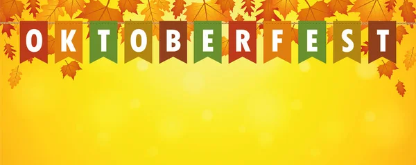 Bandeiras de festa oktoberfest banner no fundo amarelo com folhas caindo — Vetor de Stock