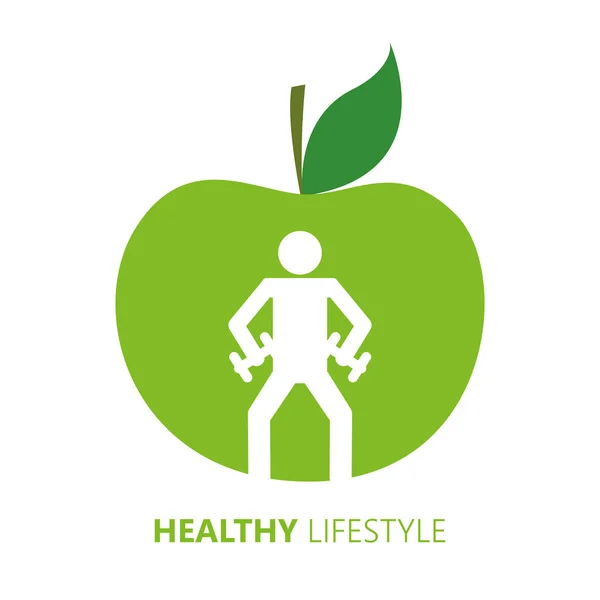 Healthy lifestyle person with dumbbell and green apple — Stock Vector