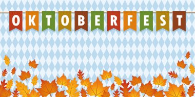 sonbahar yaprakları ve Bavyera bayrağı arka plan ile oktoberfest parti bayrakları