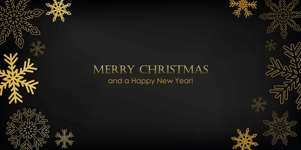 Goldene Weihnachtsgrußkarte mit Schneeflocken auf schwarzem Hintergrund — Stockvektor