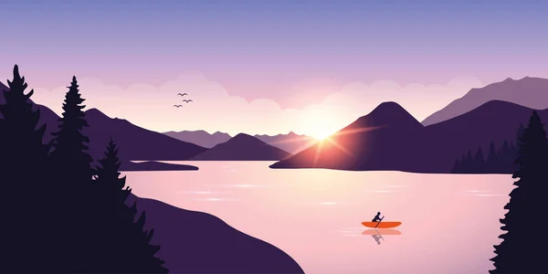 오렌지와 외로운 카누 모험에 호수에 보트 — 스톡 벡터