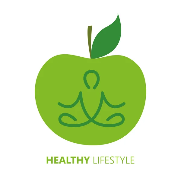 Healthy lifestyle person in yoga pose and green apple — Stock Vector