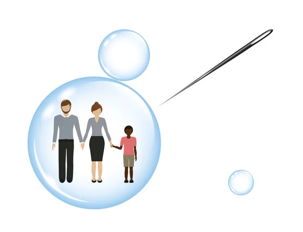 Familia con un niño adoptivo en una burbuja de jabón y una aguja — Vector de stock