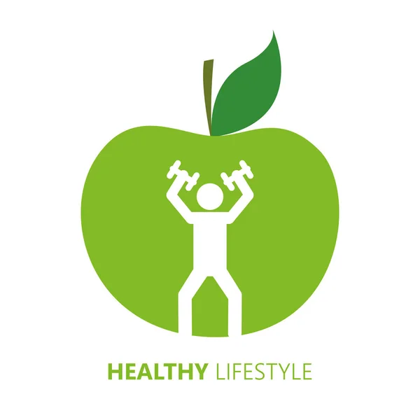 Здоровый образ жизни человека с гантели и зеленое яблоко — стоковый вектор