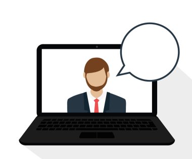 konuşma balonu online destek ile bilgisayar ekranında iş adamı