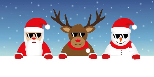 Niedliche Rentier Weihnachtsmann und Schneemann Cartoon mit Sonnenbrille für Weihnachten — Stockvektor