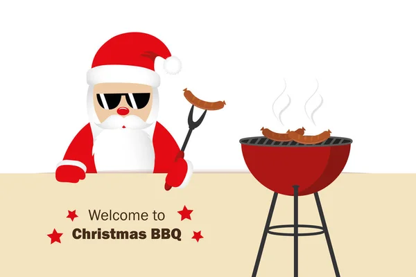 Benvenuti a Natale barbecue Babbo Natale griglie salsicce divertente cartone animato — Vettoriale Stock