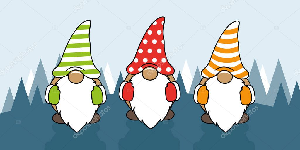 three cute christmas gnomes with funny caps