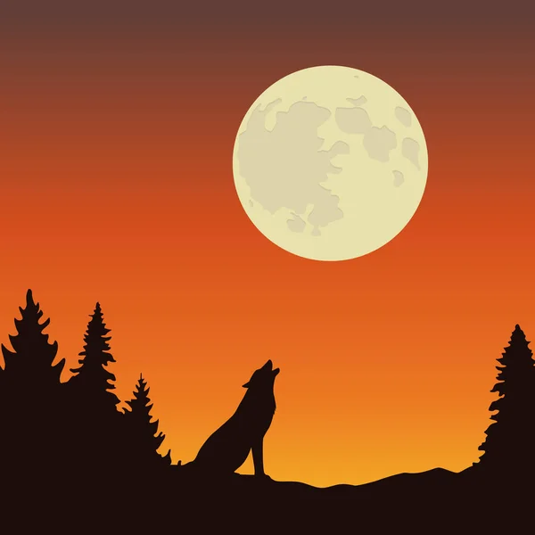 Wolf howls at the full moon orange and brown landscape — Stock Vector