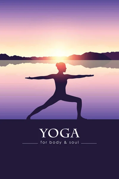 Yoga para cuerpo y alma meditando silueta de persona junto al lago con paisaje de montaña — Vector de stock