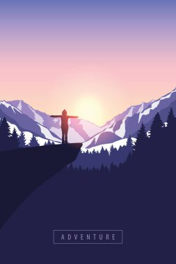 karlı dağ kız macera bir uçurumun üzerinde güneş doğarken hiking