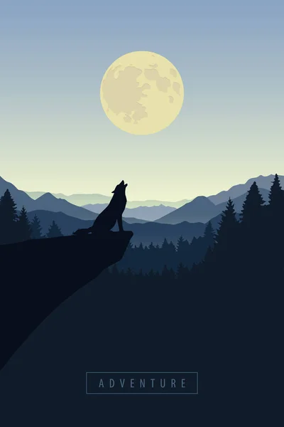 Wolf op een klif huilt bij volle maan blauw natuur landschap — Stockvector