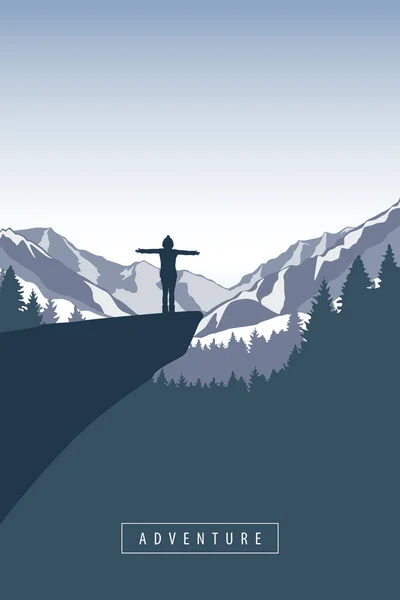 Aventure de randonnée dans la montagne enneigée fille sur une falaise — Image vectorielle