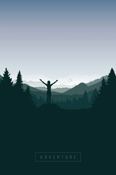 Niña con los brazos levantados en el bosque verde con paisaje de montaña — Vector de stock