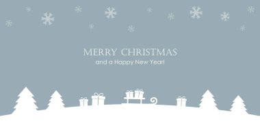 Noel tebrik kartı, hediye ve kar yağışlı.