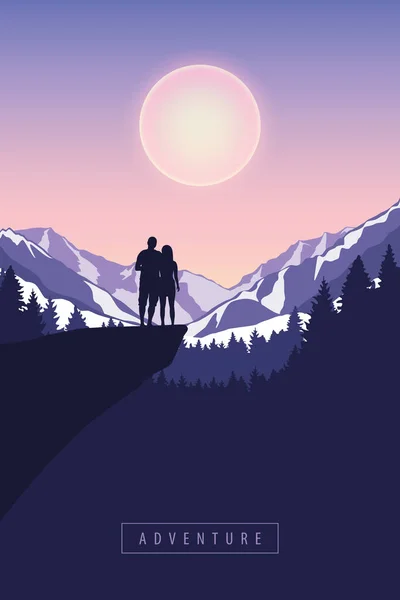 Pasangan di tebing di gunung bersalju di bawah sinar bulan - Stok Vektor