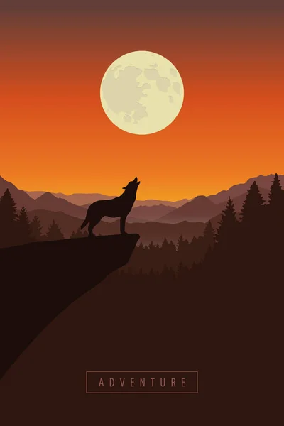 Lobo em um penhasco uiva na lua cheia floresta natureza paisagem —  Vetores de Stock