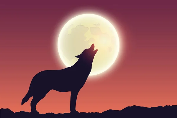 Wolf howls at full moon silhouette — Stock Vector