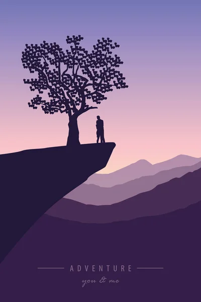 Couple in love on a cliff under a tree with mountain view — Stock Vector