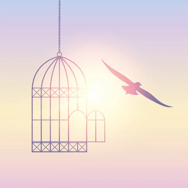 Pássaro voa para fora da gaiola para o céu ensolarado —  Vetores de Stock