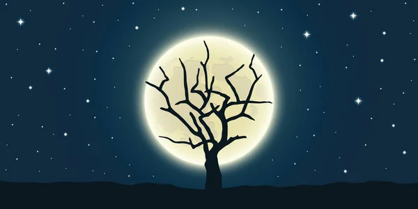 Arbre nu à la pleine lune et ciel étoilé — Image vectorielle