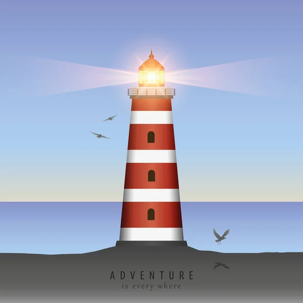 Phare lumineux au coucher du soleil avec des oiseaux volants — Image vectorielle