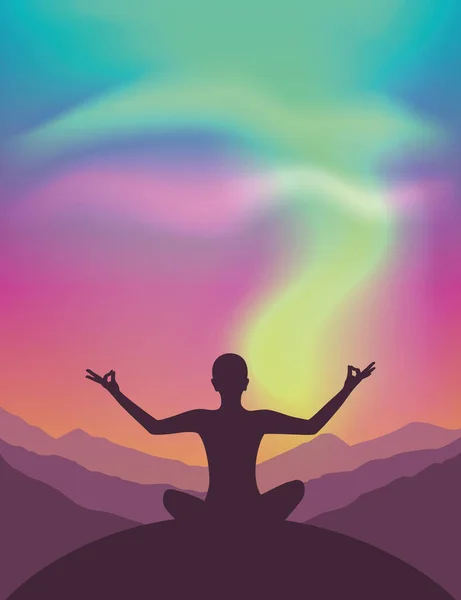 Fredlig meditation på bergsutsikt med vackra polära ljus i färgglad himmel — Stock vektor