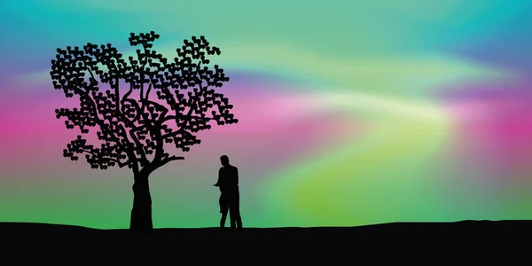 Couple amoureux sous un arbre avec aurore boréale lumières polaires fond — Image vectorielle