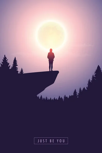 Silueta chica solitaria en un acantilado por luna llena — Vector de stock