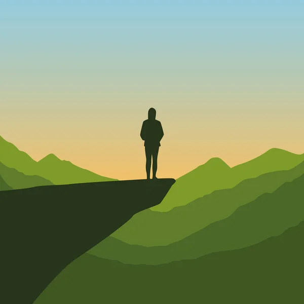 Eenzaam meisje op een klif silhouet met berg achtergrond — Stockvector
